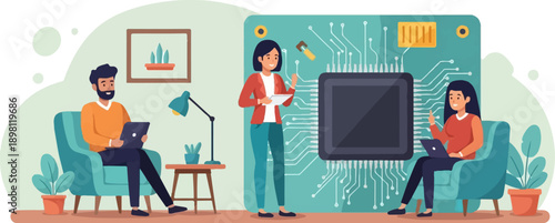 Three people collaborate around a large computer chip illustration in a bright room