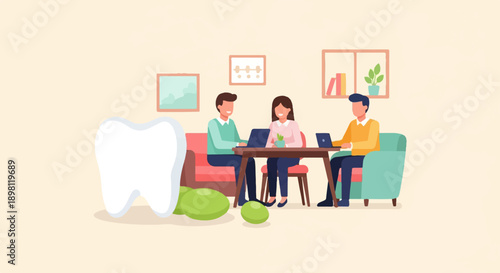 Three people collaborate around a table near a large tooth