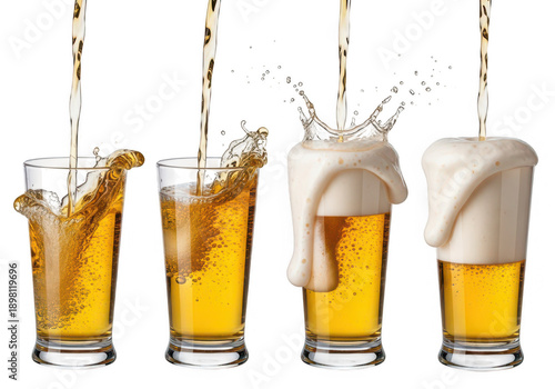 Four stages of beer pouring into glasses showcasing splashing foam on transparent background
