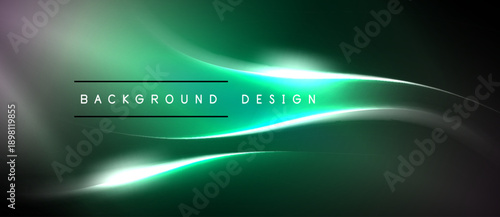 Abstract green background. Smooth curves, bright lines create dynamic visual effect. Text reads background design. Minimalist style.