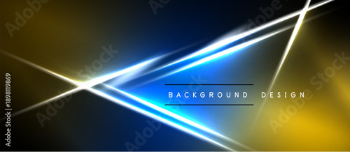 Abstract background features bright lines, gradients. Blue, gold hues dominate dark space. Modern design element.