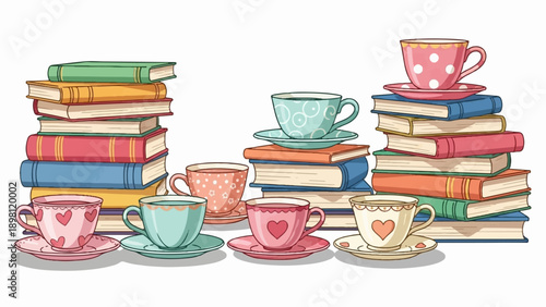 Stacks of colorful books with whimsical teacups resting on them