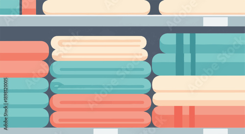Stacks of neatly folded towels in soothing coral, cream, and teal hues