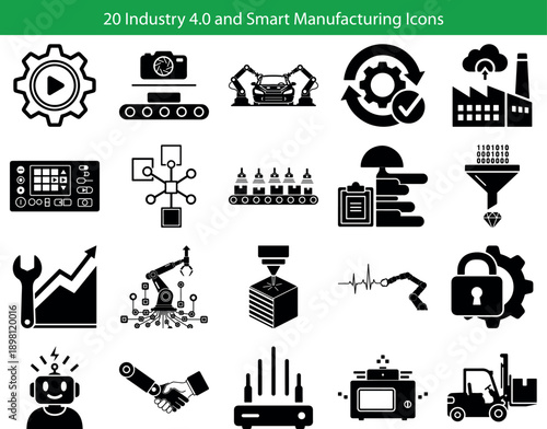 20 Industry 4.0 and Smart Manufacturing Icons. Vector symbols for automation, robotics, and industrial IoT, including cobot, digital twin, autonomous forklift, and predictive maintenance