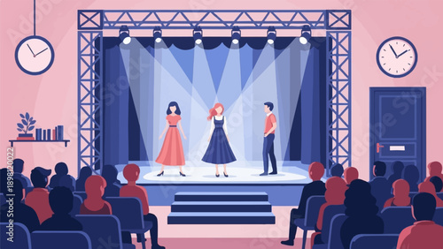 Stage performance with actors and audience under bright spotlights