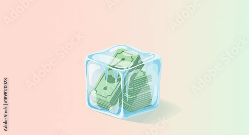 Stacks of money frozen in a clear ice cube with icicles