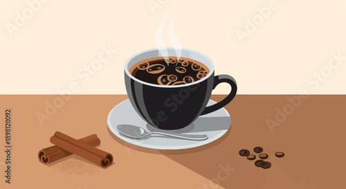 Steaming black coffee in a cup with cinnamon sticks and beans