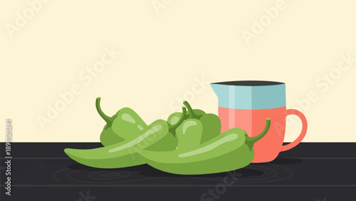 Still life with green peppers and a coral cup filled with liquid