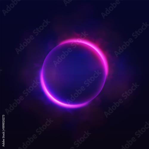 Purple neon halo with smoke, glowing ring with luminous on dark background, bright circles eclipse effect flare light