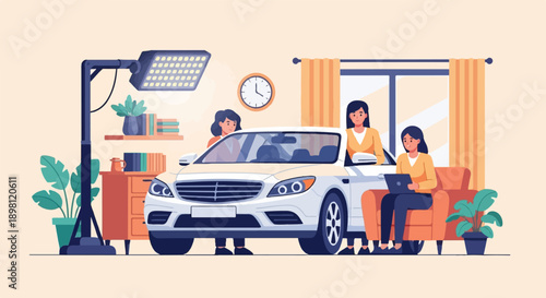 Team inspects new car under bright light indoors, one uses laptop