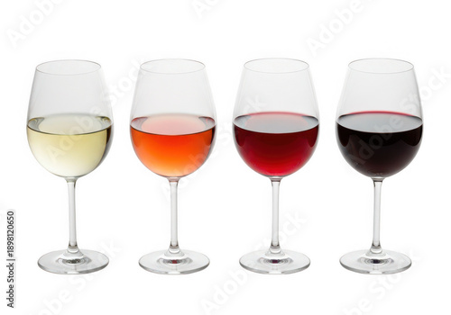 Four wine glasses with varying shades of red and white wine on transparent background