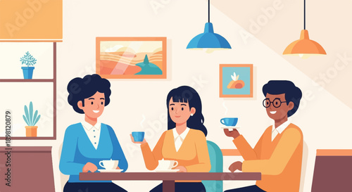 Three people enjoying coffee in a bright, modern cafe setting