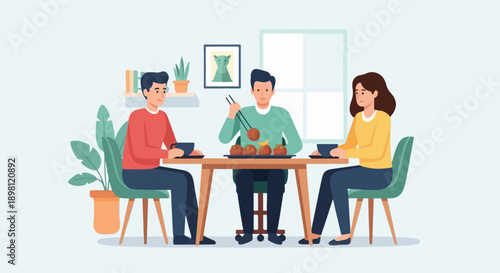 Three people enjoying a meal together at a wooden table, with food and drinks