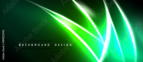 Abstract green neon lines create dynamic visual effect. Dark background enhances glowing streaks, modern design element.