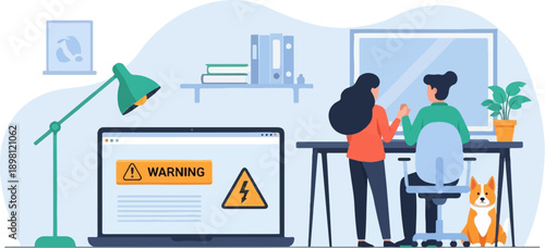 Team collaboration with warning notifications on a laptop in an office setting