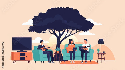 Three people enjoying leisure time at home with entertainment and music