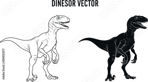 Black and white Velociraptor dinosaur vector silhouettes isolated on white background for prehistoric education, museum displays, Jurassic era projects, and extinct animal predator graphics.