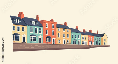 Row of colorful, pixelated terraced houses with pitched roofs and chimneys