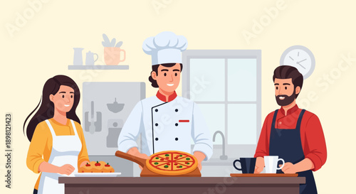 Three people happily in a kitchen preparing food and drinks