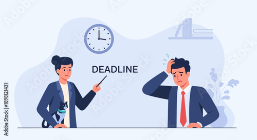 Stressed man with hand on head, woman points at clock, word DEADLINE