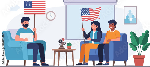 Three people holding American flags indoors, sitting on sofas
