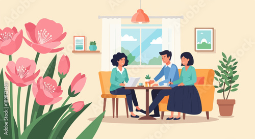 Three people in a cafe with flowers and a potted plant