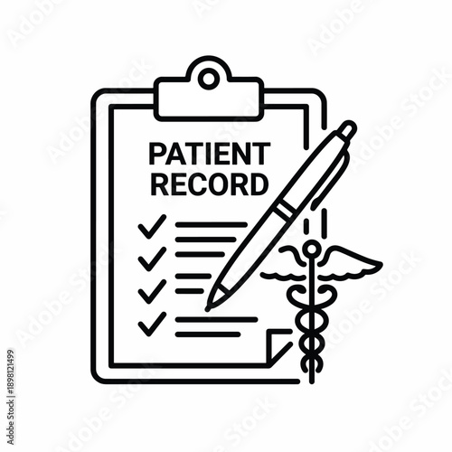 Medical patient record clipboard with checklist, pen, and caduceus symbol icon representing healthcare and medical documentation