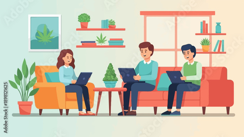 Three people working on laptops in a living room