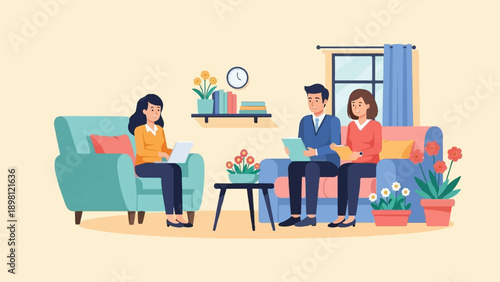 Three people in a cozy living room, two on a couch, one on a chair, with laptops