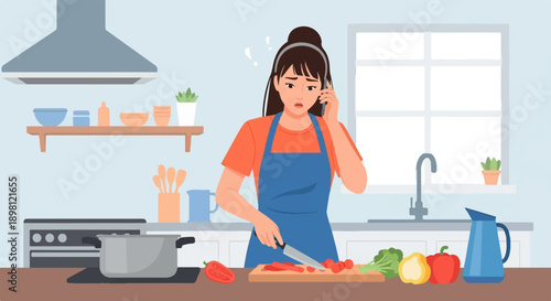 Stressed woman multitasking in kitchen, chopping vegetables while on a phone call