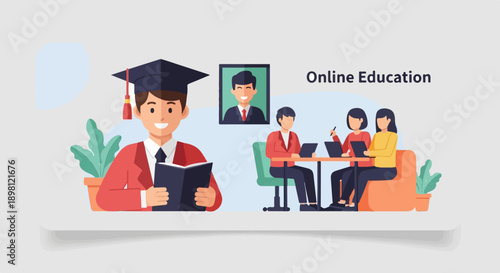 Students learning on laptops and a graduate with a book