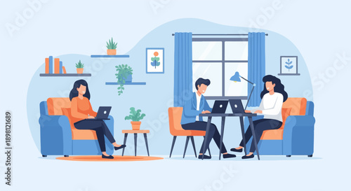 Three people working on laptops in a modern home office setting