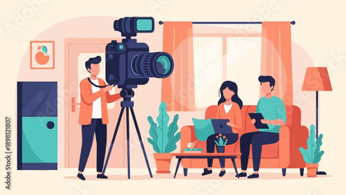 Scene with a cameraman and people working in a room