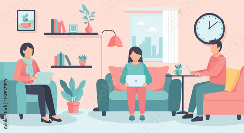 Three people in a cozy room working on laptops at home