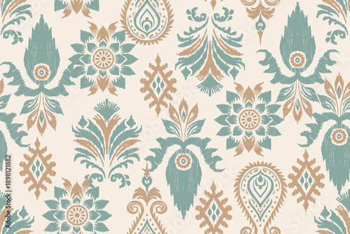Seamless ikat pattern with geometric ethnic motifs. Abstract tribal background for wallpaper, textiles, traditional bohemian design for greeting cards, and fashion.