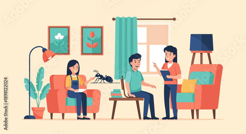 Three people in a living room observe a large ant on a shelf