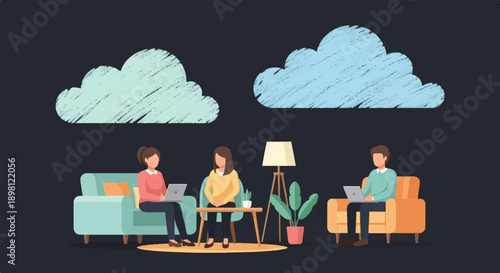 Three people working remotely on laptops in a cozy room with clouds above