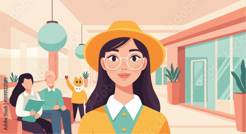 Stylish woman in hat and glasses with people and pet in waiting area