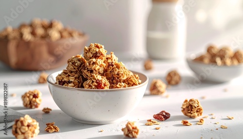 Close-up of granola in a bowl, with blurred background elements like milk and more granola