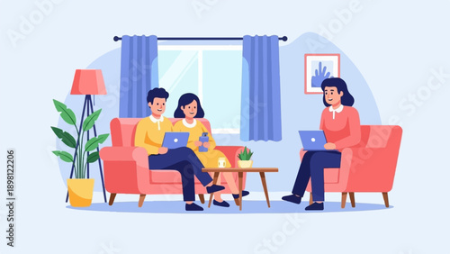 Three people in a living room, two on a couch and one in an armchair, all using laptops