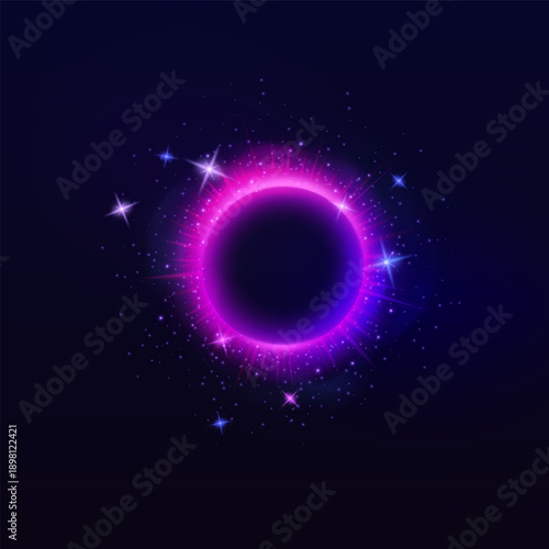 Purple neon halo circle with smoke, sparks and rays, glowing ring with bright luminous on dark background