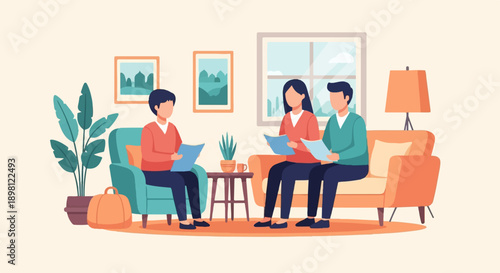 Three people in a living room, two on a sofa, one in an armchair, reading