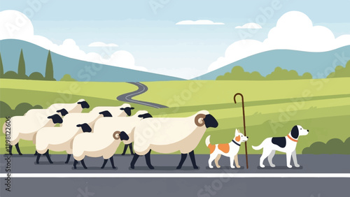 Sheep and dogs herded along a road in a pastoral landscape