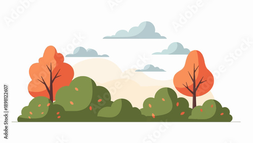 Stylized autumn landscape with orange trees, green bushes, and clouds