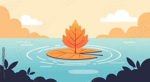 Stylized autumn leaf floats on rippling water with distant clouds and shoreline