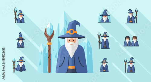 Several wizards with staffs and two figures stand against an icy backdrop