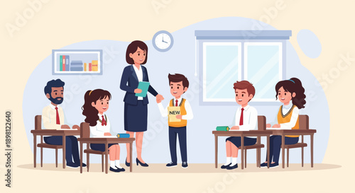 Teacher congratulating student in classroom with other students at desks