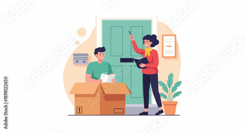 Teacher guides student with book near open box and door