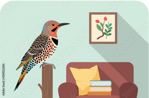 Stylized bird perched on wood next to armchair with books and framed art