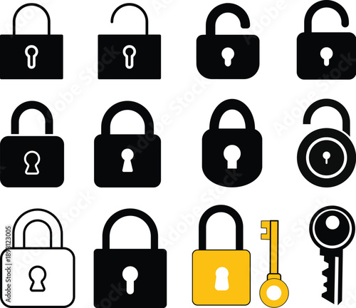 Lock open and lock closed icons set. Padlock symbol for security and safety. Vector illustration for web design. Concept of access, privacy, protection, login and logout.